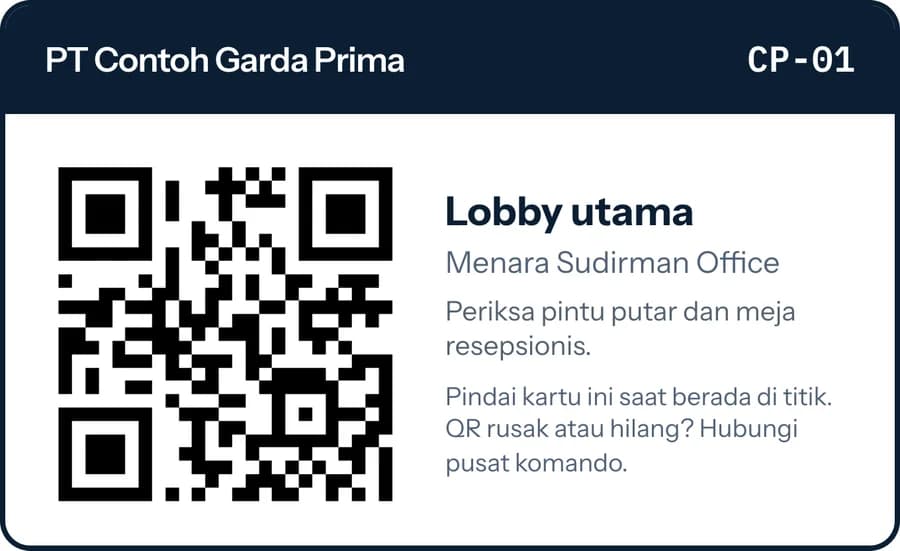 Kartu QR titik patroli CP-01 Lobby utama, siap ditempel