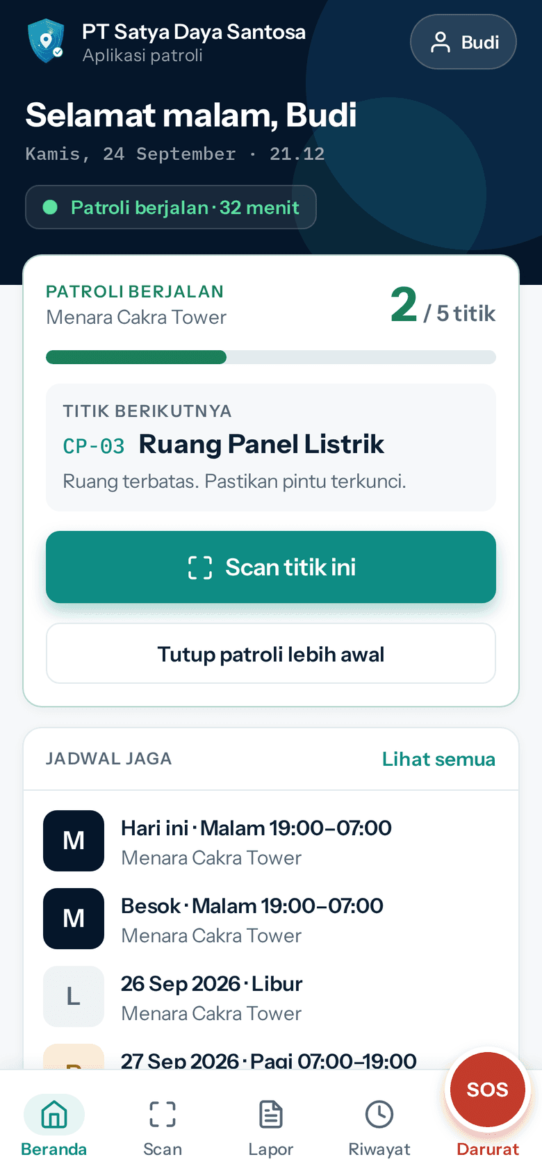 Beranda aplikasi Securivo untuk petugas