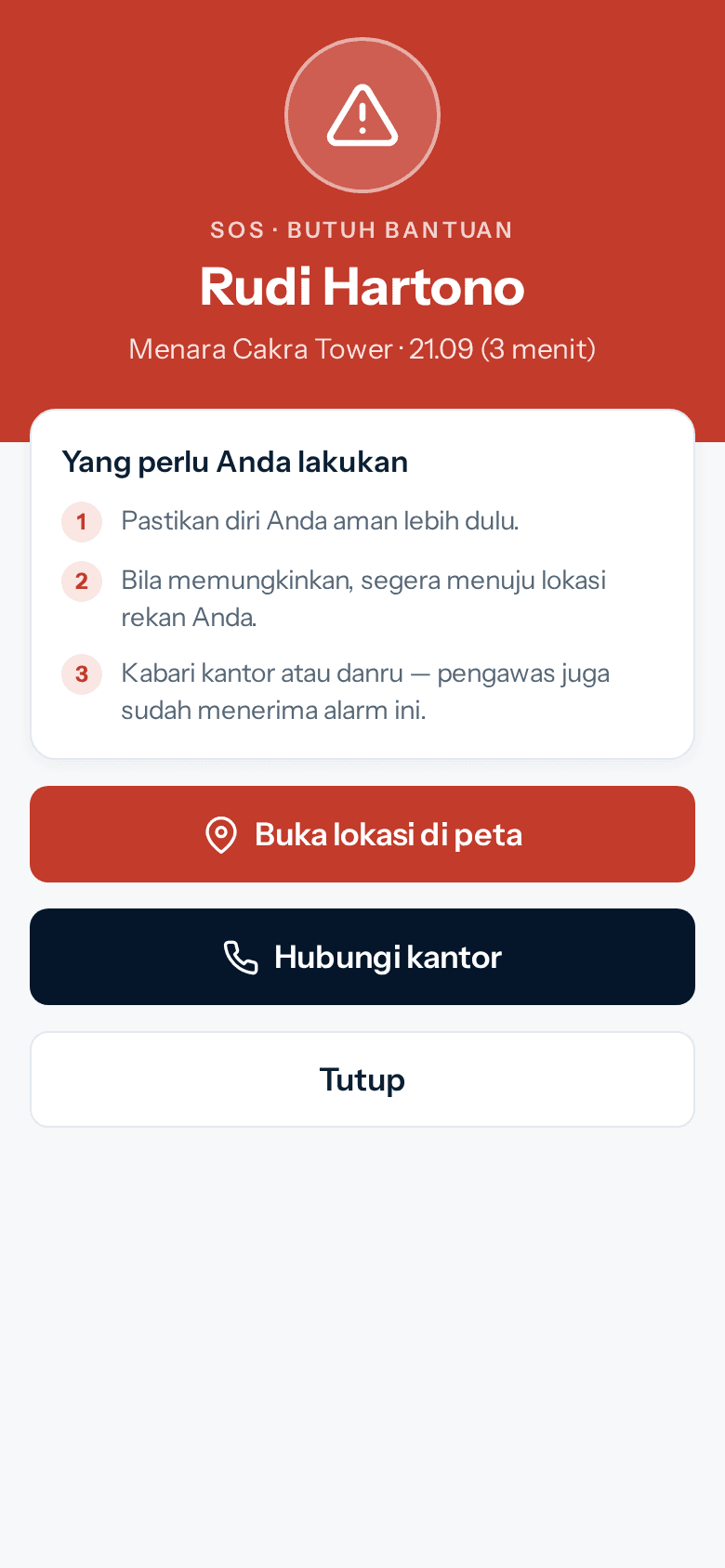 Layar alarm SOS rekan: Rudi Hartono butuh bantuan, dengan tombol buka lokasi di peta