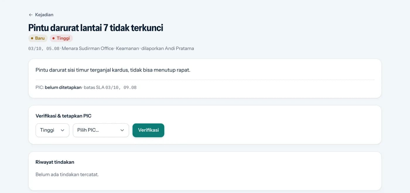 Rincian kejadian: pintu darurat lantai 7 tidak terkunci, verifikasi dan tetapkan PIC