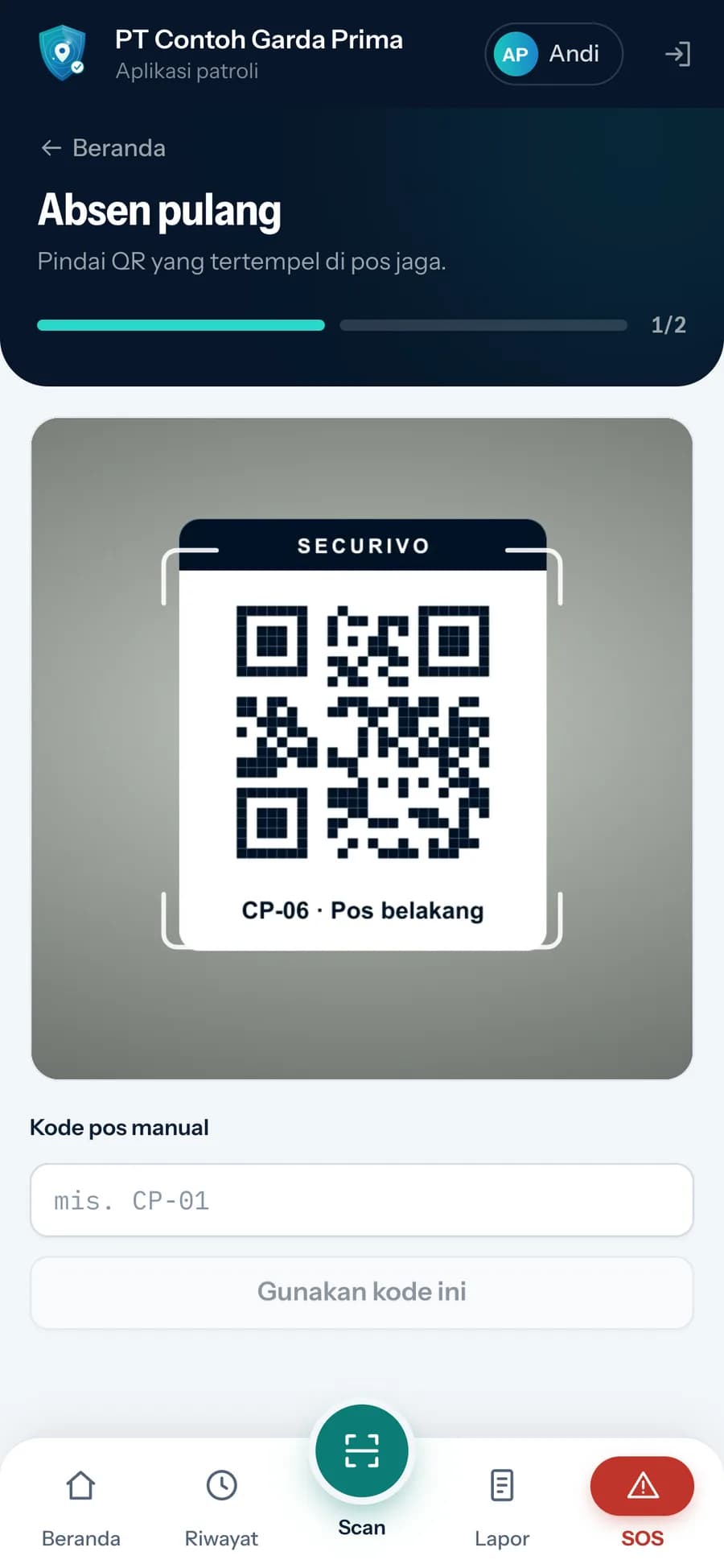 Layar absen pulang: scan QR pos jaga, lalu foto diri