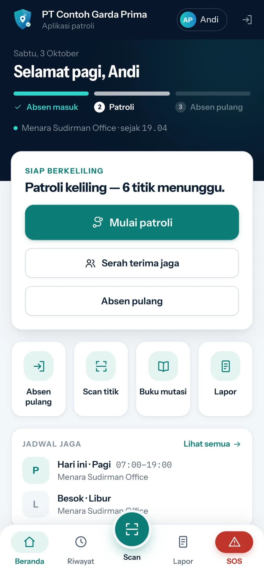 Beranda aplikasi petugas: alur jaga, patroli keliling, dan jadwal