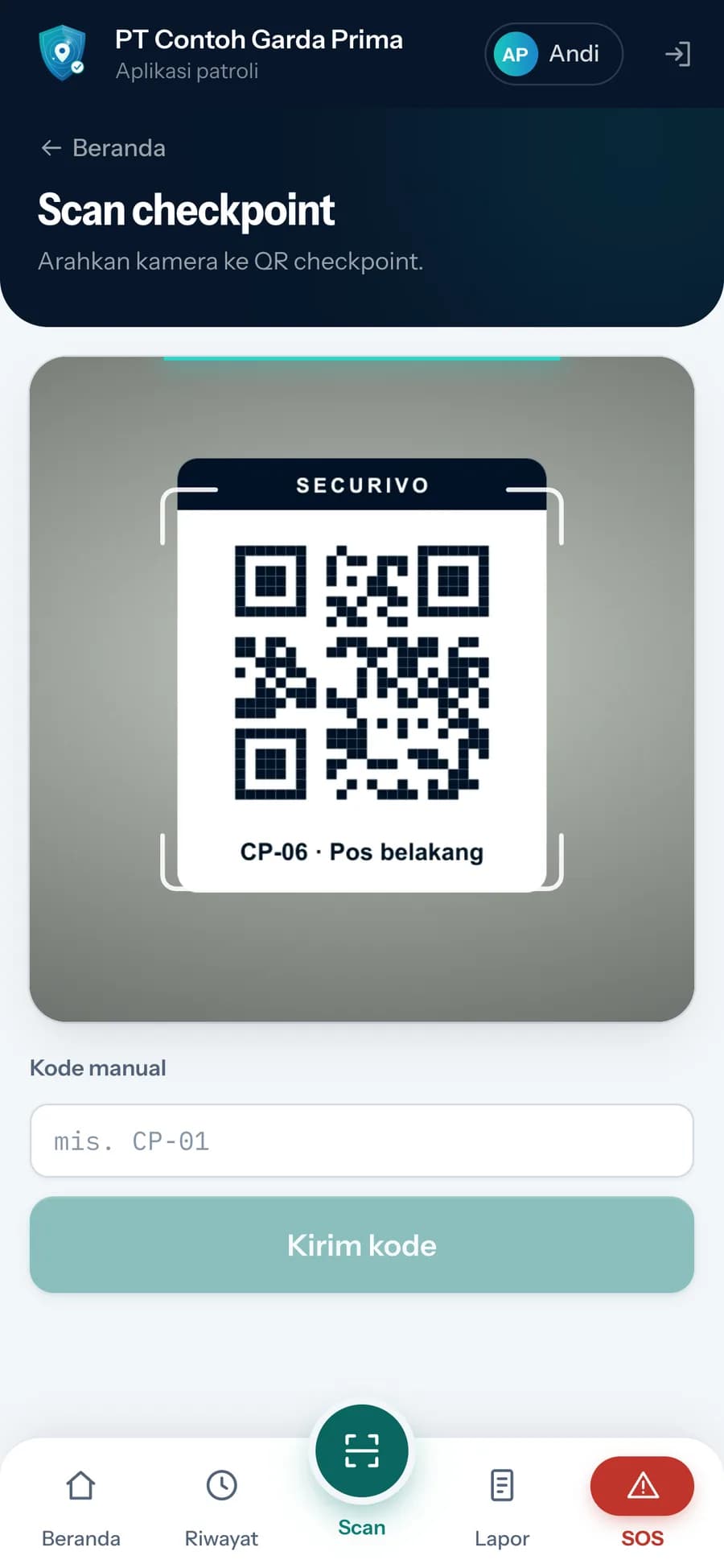 Layar scan checkpoint di aplikasi petugas
