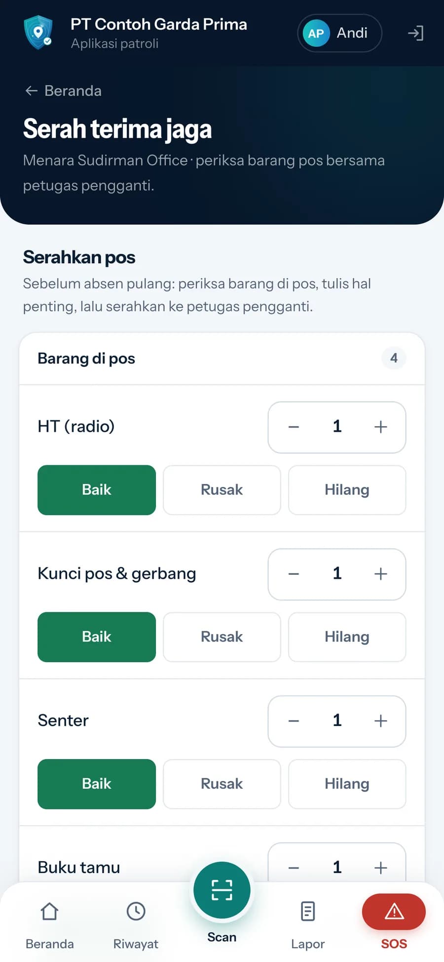 Layar serah terima jaga: barang di pos dengan kondisi baik, rusak, atau hilang